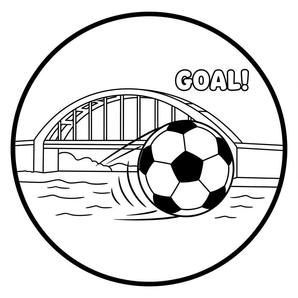 Zwart-wit kleurplaat met een ronde afbeelding. Een voetbal beweegt snel van links naar rechts, met strepen erachter. Erboven staat 'GOAL!'. Op de achtergrond is een boogbrug te zien boven golvend water. Onderwerp is Vitesse.