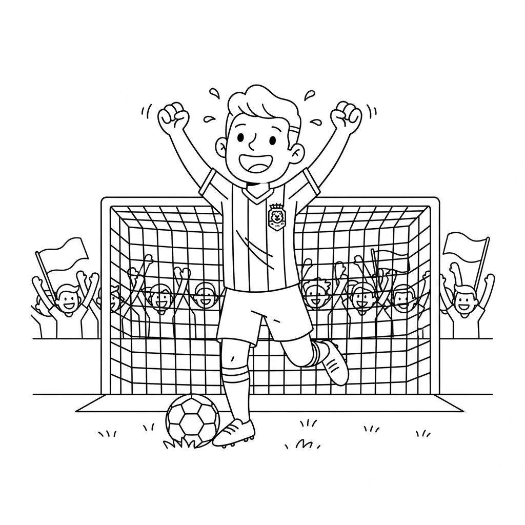 Zwart-wit kleurplaat van een juichende Willem II voetballer die een doelpunt viert op een grasveld, met een voetbal en supporters met vlaggen achter een voetbaldoel.