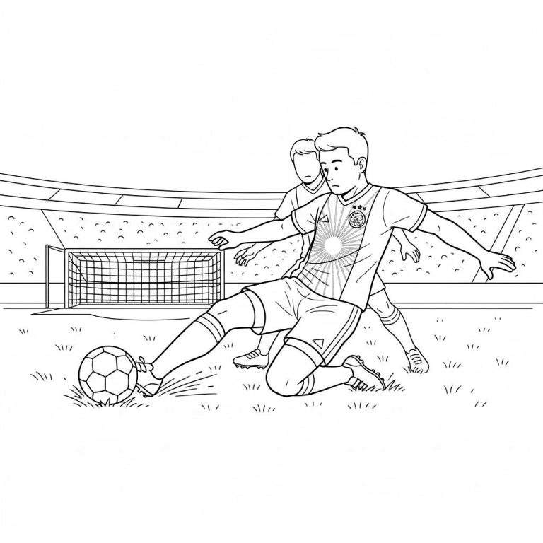 Zwart-wit kleurplaat van een Ajax voetballer die de bal schiet op een voetbalveld in een stadion, met een teamgenoot en doel op de achtergrond.