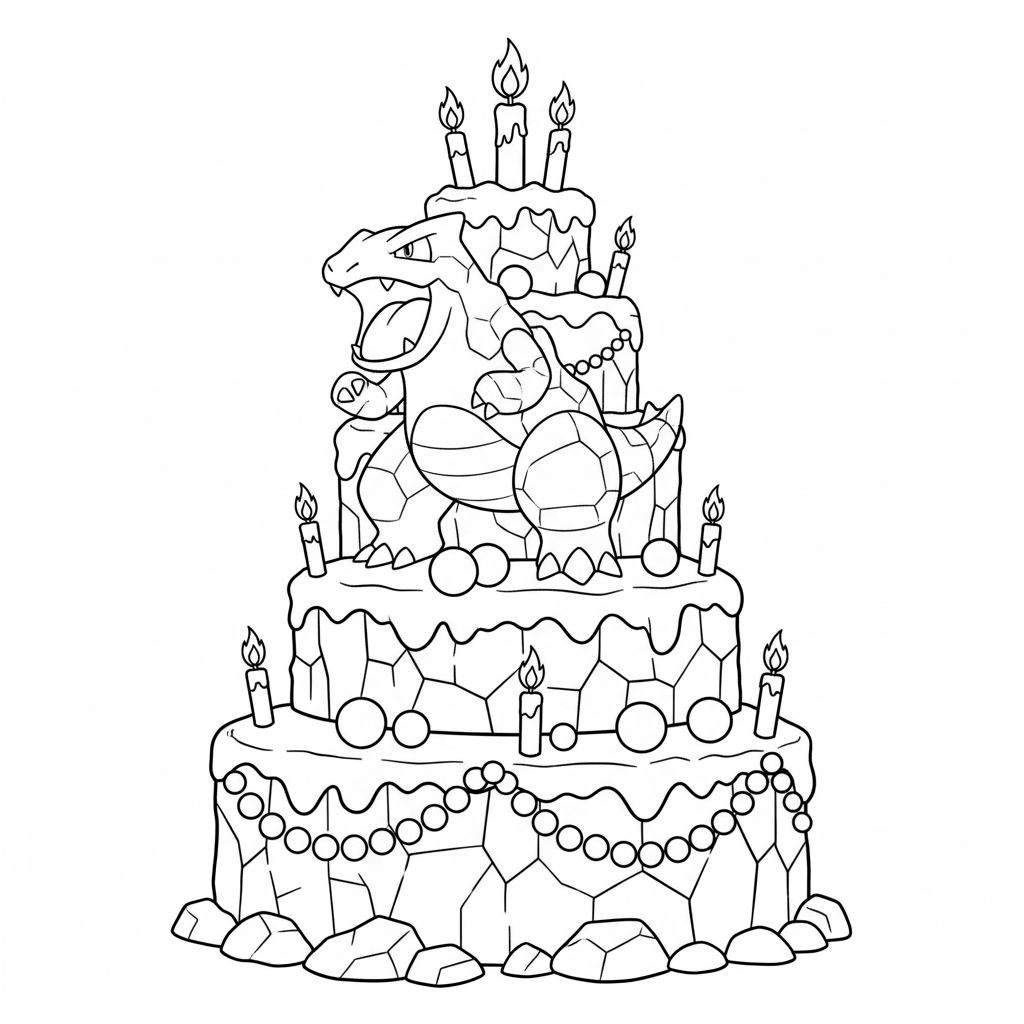 Zwart-wit kleurplaat van een gelaagde, rotsachtige verjaardagstaart met brullende Tyranitar erop, versierd met kaarsen en parelslingers.