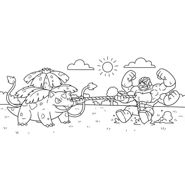 Zwart-wit kleurplaat van Ivysaur en Machamp die touwtrekken. Ivysaur staat links met een bloemknop, Machamp rechts met vier armen. Achtergrond toont gras, wolken en een zonnetje.