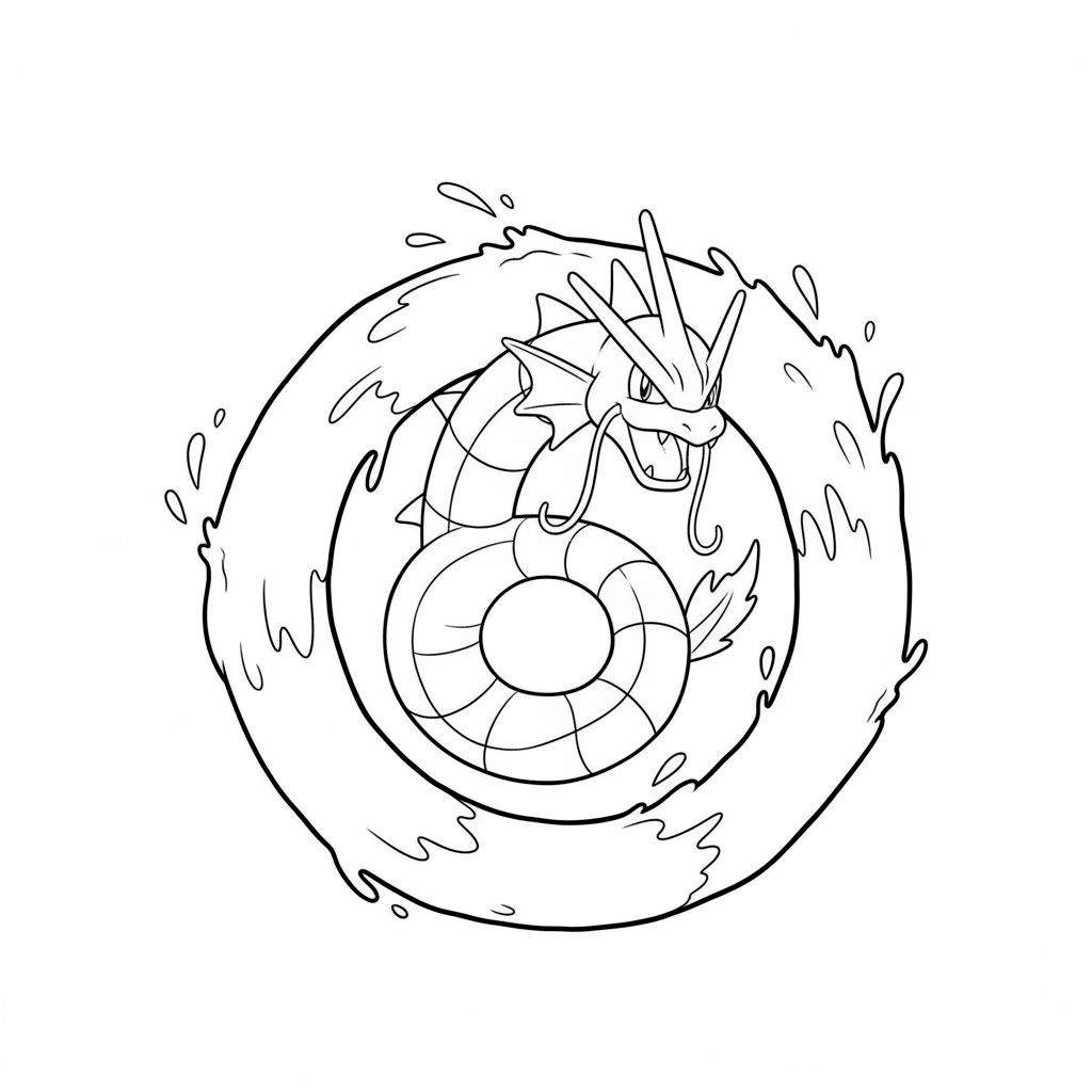 Zwart-wit lijntekening van een woeste Gyarados, opgerold in een spiraal van water met een dreigende blik en open mond, klaar om ingekleurd te worden.
