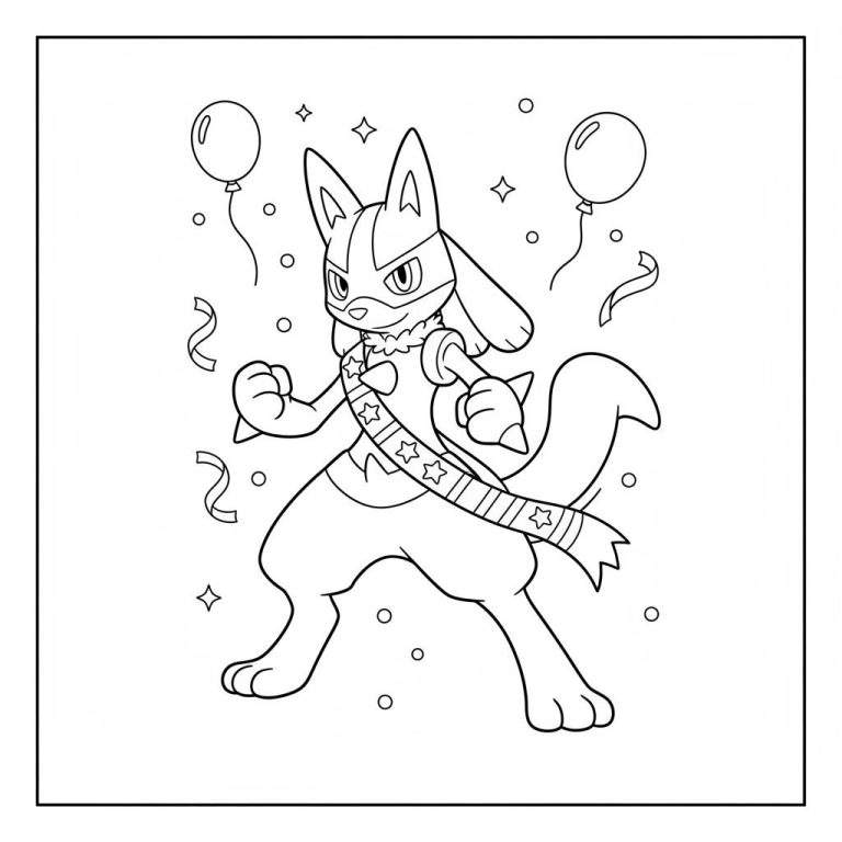 Kleurplaat van feestelijke Lucario met sterrensjerp en pluizige kraag, omringd door ballonnen, slingers en confetti op de achtergrond.