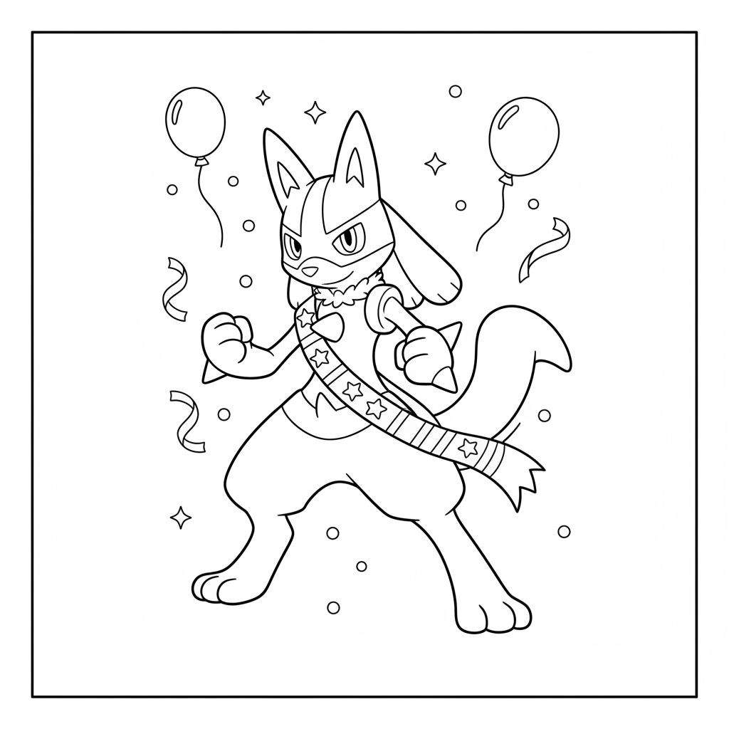 Kleurplaat van feestelijke Lucario met sterrensjerp en pluizige kraag, omringd door ballonnen, slingers en confetti op de achtergrond.