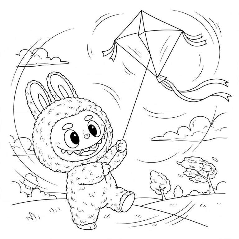 Zwart-wit kleurplaat van Labubu, een pluizig konijnachtig wezentje, dat vrolijk vliegert op een winderige dag boven een heuvelachtig landschap met bomen en wolken. De vlieger wappert met lange linten in de wind.