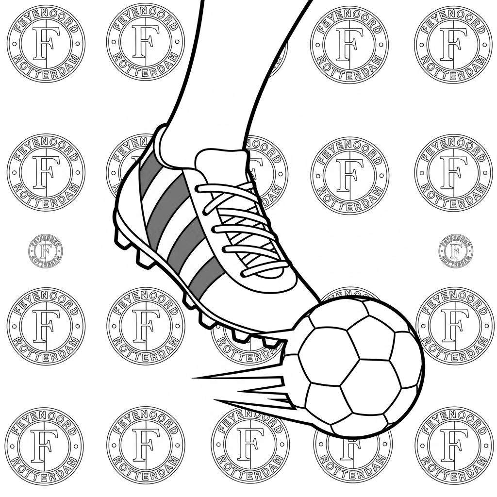 Zwart-wit kleurplaat van een voet in Feyenoord voetbalschoen die een voetbal schopt, met achtergrond vol Feyenoord Rotterdam logo's.