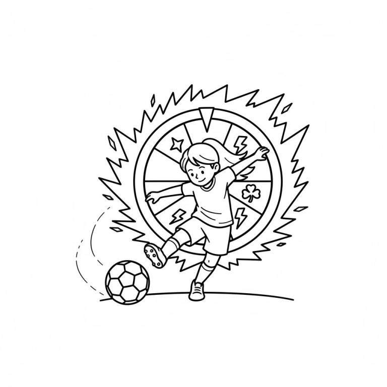 Kleurplaat van een vrolijk meisje dat voetbalt en een bal wegschopt, met een energieke cirkel vol symbolen zoals een ster, bliksemschichten en een klavertje vier op de achtergrond. Thema: Fortuna Sittard.