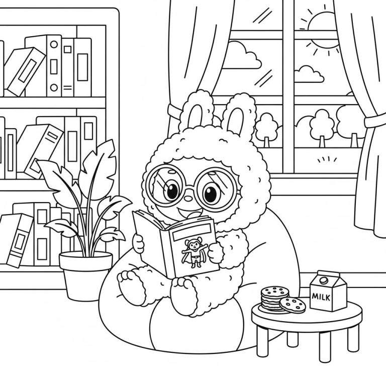 Zwart-wit kleurplaat van Labubu met ronde bril, lezend in een zitzak met een boekenkast, koekjes en een raam met zonnig uitzicht.