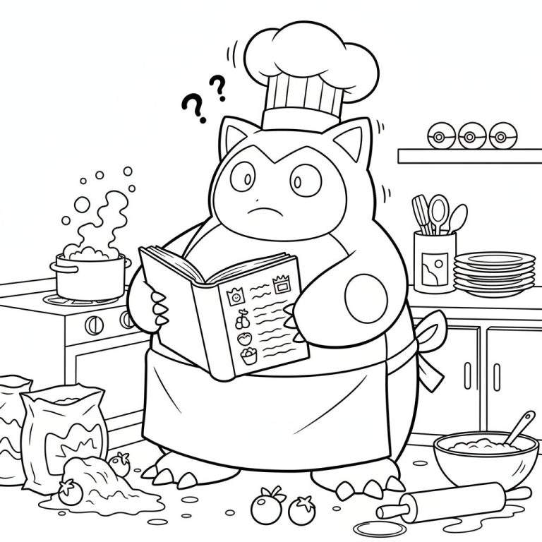 Zwart-wit kleurplaat van een verwarde Snorlax met koksmuts en schort, staand in een rommelige keuken vol gemorst deeg, open zakken en keukengerei, met stoom uit een pan op het fornuis en vraagtekens boven zijn hoofd.