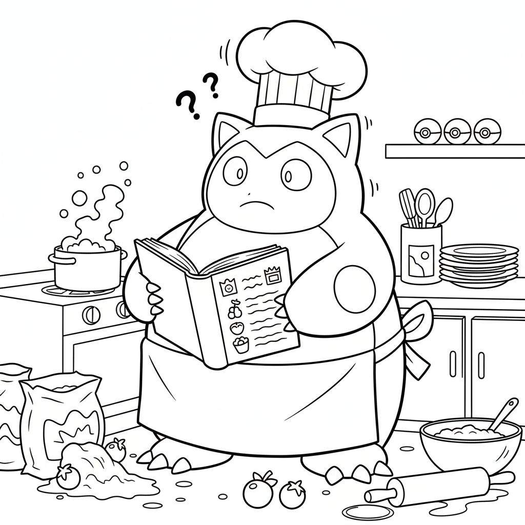 Zwart-wit kleurplaat van een verwarde Snorlax met koksmuts en schort, staand in een rommelige keuken vol gemorst deeg, open zakken en keukengerei, met stoom uit een pan op het fornuis en vraagtekens boven zijn hoofd.