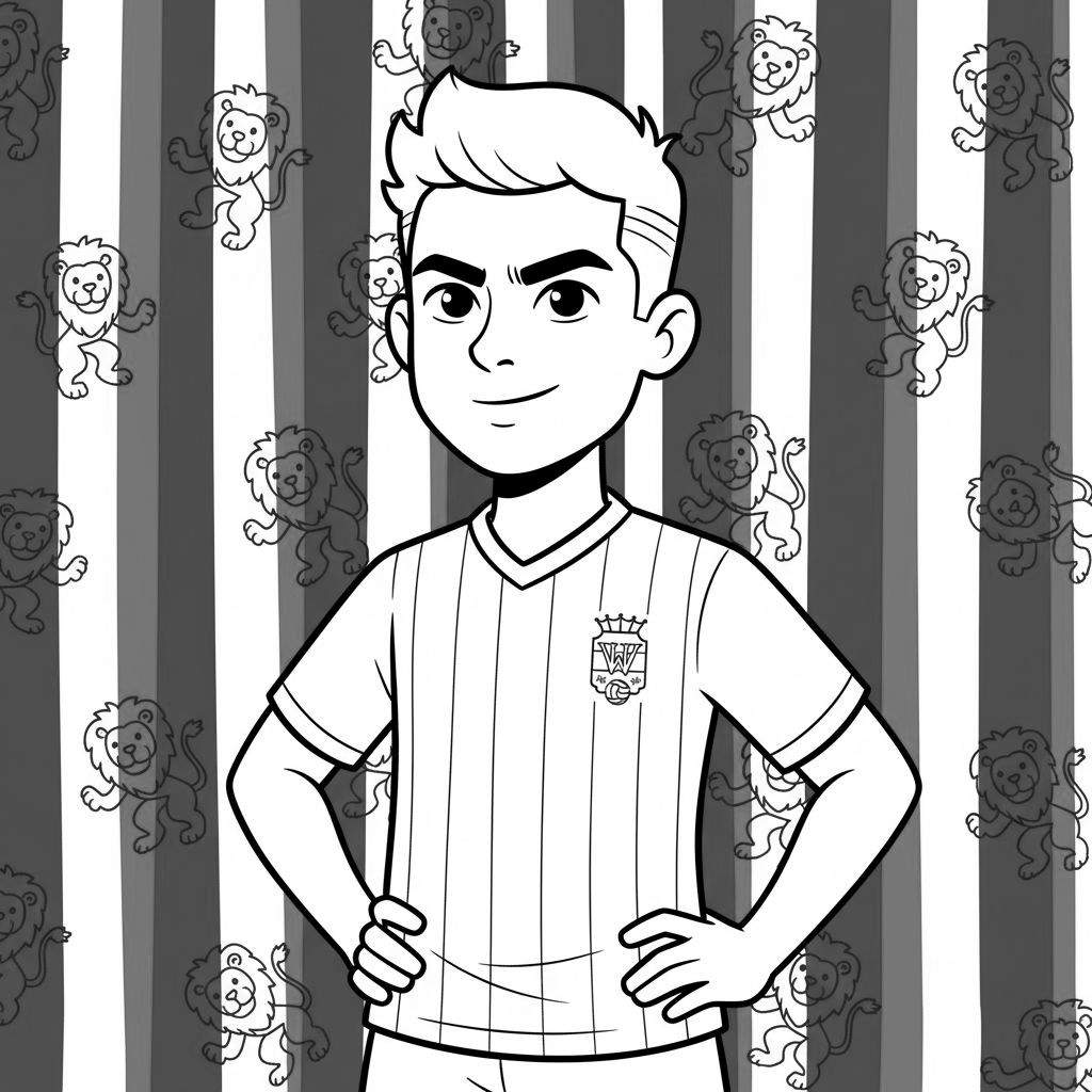 Zwart-witte cartoon kleurplaat van een lachende jongen in Willem II shirt met clubembleem (kroon, W, voetbal), handen in de zij, voor een gestreepte achtergrond met patroon van witte cartoon leeuwen.