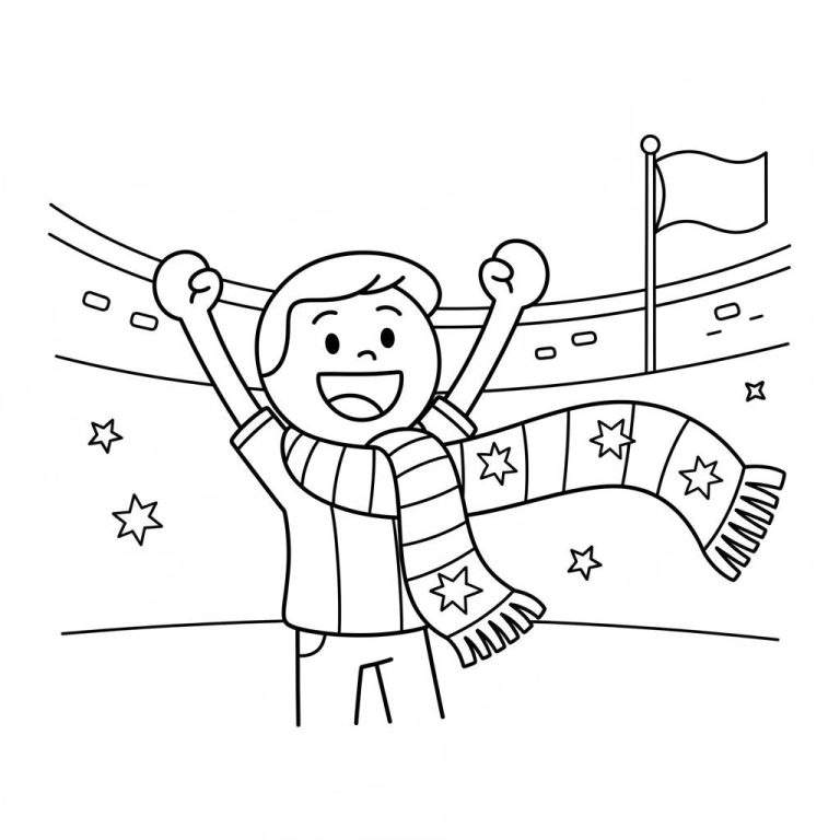 Zwart-wit kleurplaat van een juichende jongen in een gestreept shirt en een Ajax-fansjaal met sterren, die een overwinning viert in een stadion. Rondom hem zweven sterren.