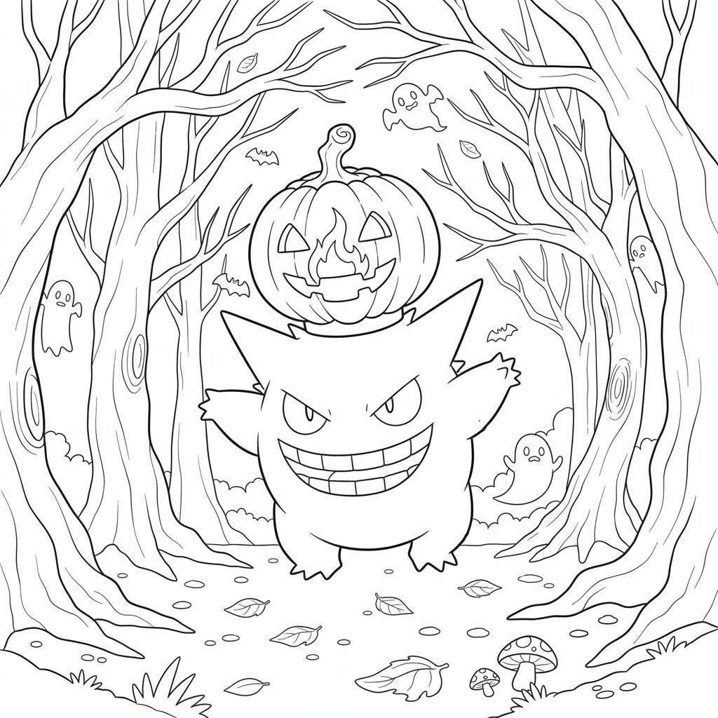 Kleurplaat van Gengar met een Jack-o'-lantern op zijn hoofd, omringd door spoken, vleermuizen en kale bomen in een Halloween-bos.