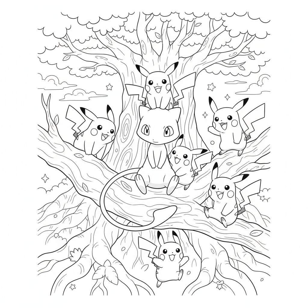 Zwart-wit kleurplaat van Mew centraal op een dikke boomstam, omringd door zes vrolijke Pikachu's op takken en wortels. De boom heeft gedetailleerde schors en op de achtergrond zijn wolken en sterretjes te zien. Klaar om in te kleuren.