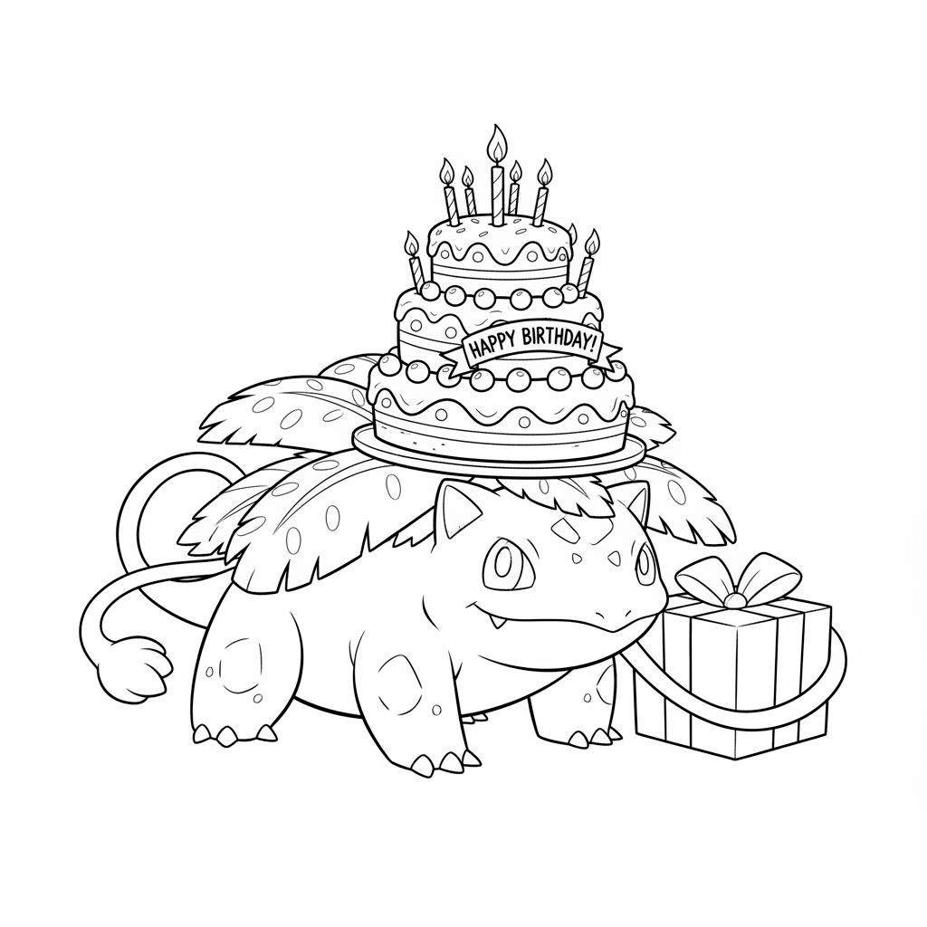 Zwart-wit kleurplaat van een lachende Ivysaur met een drielaagse verjaardagstaart op zijn rug, versierd met kaarsjes en een 'Happy Birthday' slinger. Naast hem staat een ingepakt cadeau.