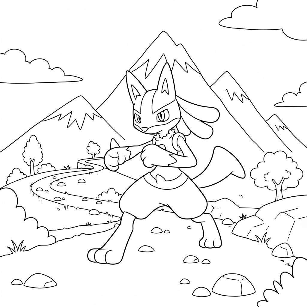 Zwart-wit kleurplaat van Pokémon Lucario in een dynamische houding, staand in een bergachtig landschap met rotsen, bomen en een kronkelend pad.