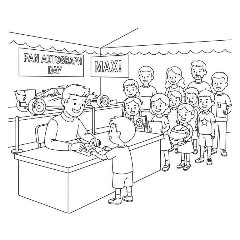 Kleurplaat van Max Verstappen die handtekeningen uitdeelt aan fans. Hij zit achter een tafel en signeert voor een jongetje, met een F1-raceauto op de achtergrond, spandoeken ('FAN AUTOGRAPH DAY', 'MAX!'), en een lange rij wachtende kinderen en volwassenen.