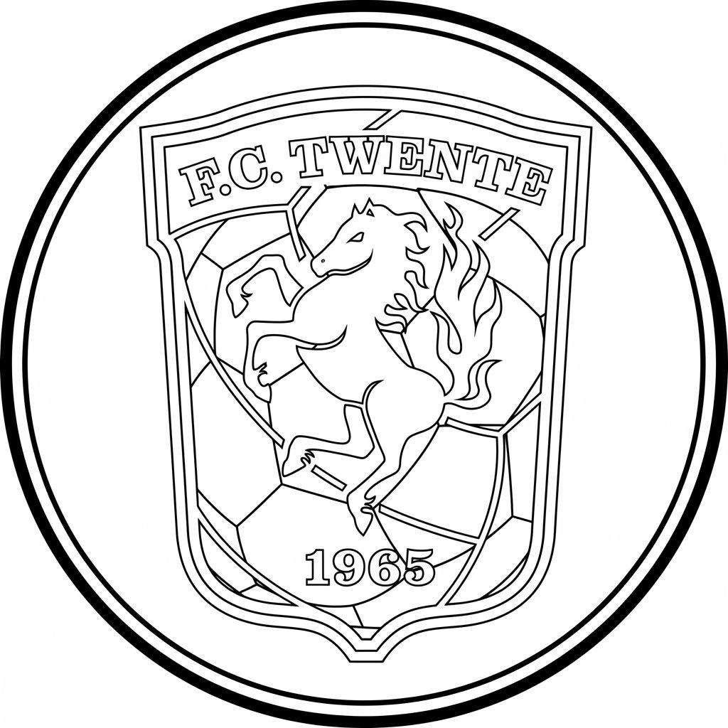 Zwart-wit kleurplaat van het FC Twente logo: cirkelvormig embleem met schild, tekst 'F.C. TWENTE', Twentse Ros, voetbalpatroon en jaartal '1965'.