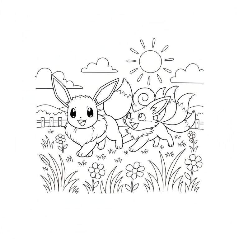 Zwart-wit lijntekening van Eevee en Vulpix die lachend door een veld met gras en bloemen rennen, onder een stralende zon met wolken en een hekje op de achtergrond.