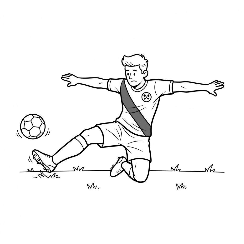 Zwart-witte kleurplaat van een FC Utrecht voetballer in actie, afgebeeld in een sliding tackle met zijn linkerbeen gestrekt naar een voetbal, rechterknie op de grond. Hij draagt een shirt met diagonale streep en logo, omringd door gras.