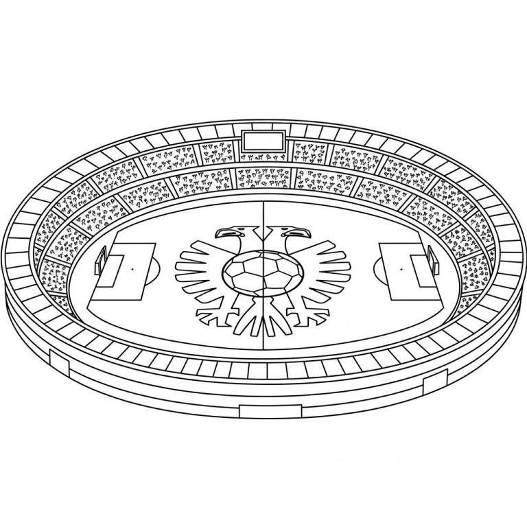 Kleurplaat van een Vitesse voetbalstadion met een tweekoppige adelaar embleem op het veld, tribunes met abstracte toeschouwers en doelen.