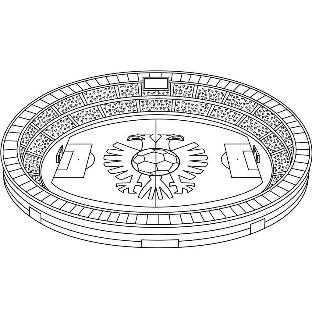Kleurplaat van een Vitesse voetbalstadion met een tweekoppige adelaar embleem op het veld, tribunes met abstracte toeschouwers en doelen.