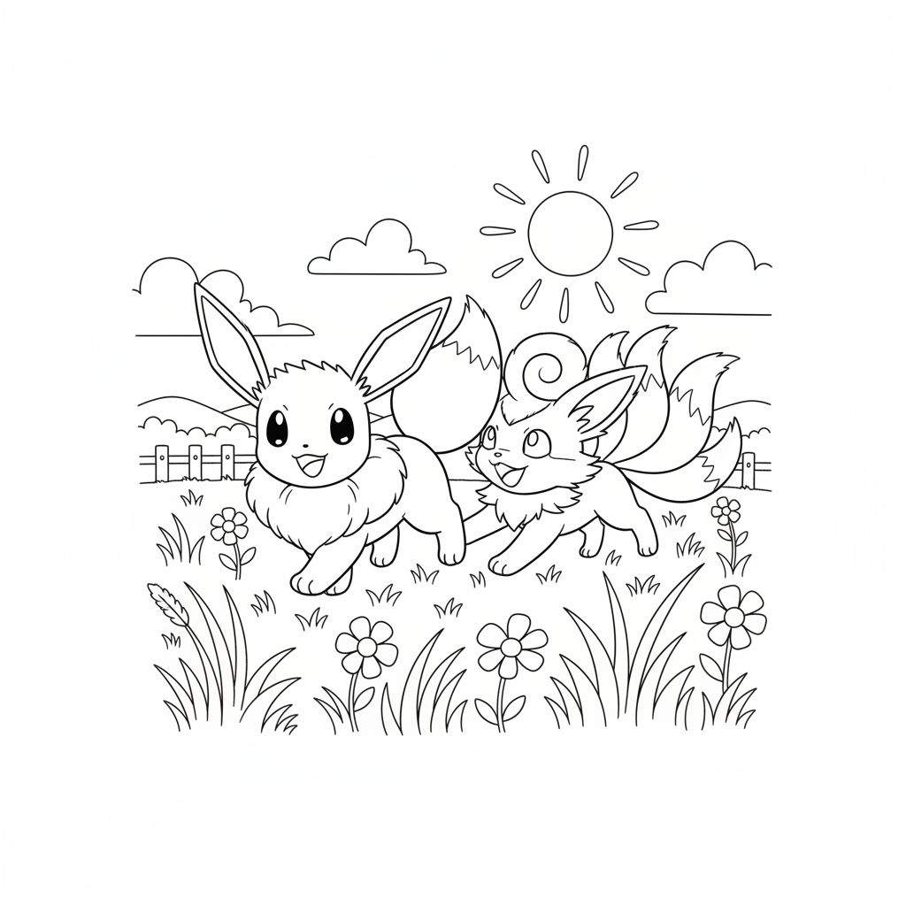 Zwart-wit lijntekening van Eevee en Vulpix die lachend door een veld met gras en bloemen rennen, onder een stralende zon met wolken en een hekje op de achtergrond.