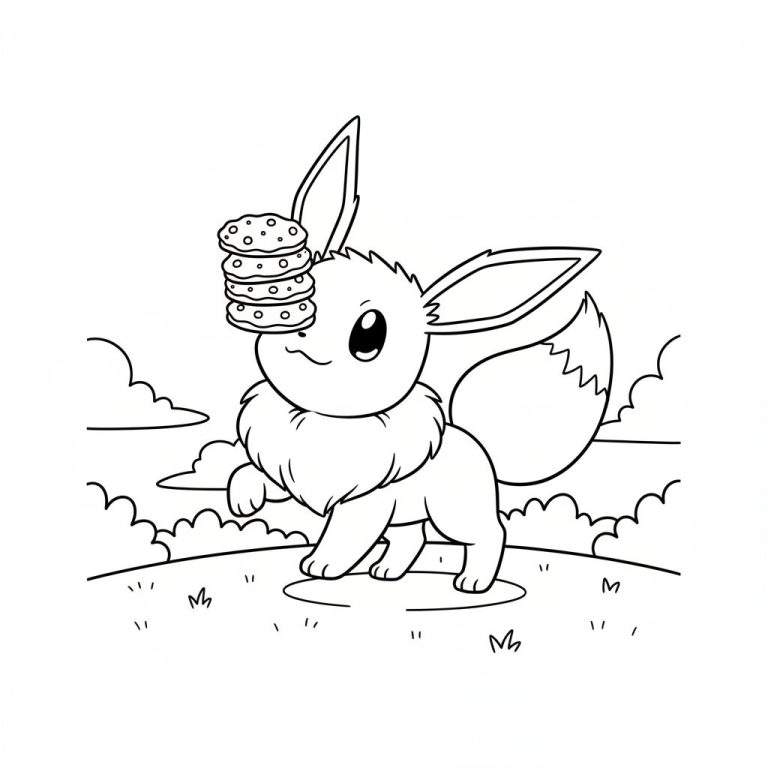 Zwart-wit kleurplaat van een schattige Eevee-achtige Pokémon met grote oren en een pluizige staart, die drie koekjes op zijn hoofd balanceert. Eevee kijkt blij en vriendelijk met een simpele achtergrond van golvend gras en enkele wolkjes.