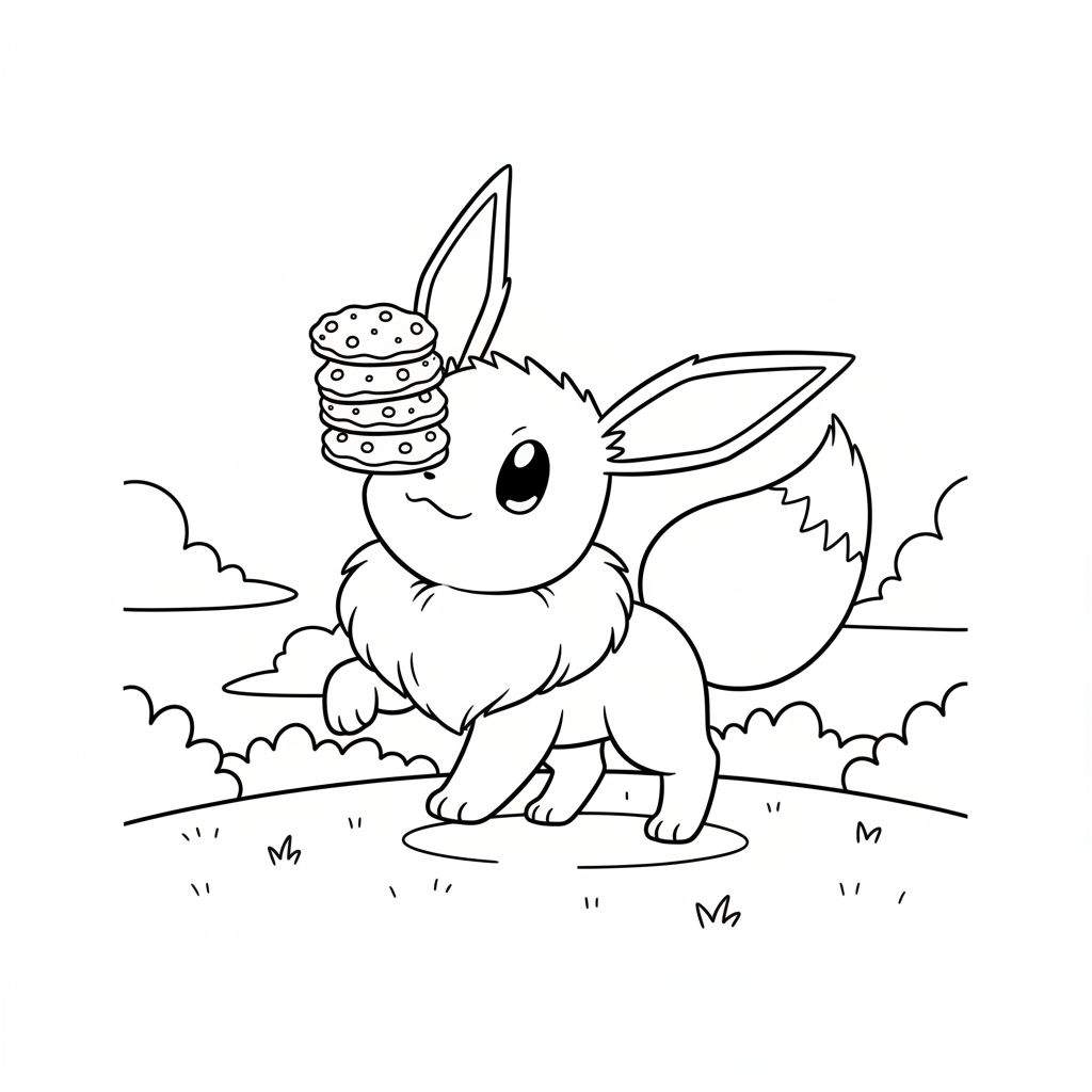 Zwart-wit kleurplaat van een schattige Eevee-achtige Pokémon met grote oren en een pluizige staart, die drie koekjes op zijn hoofd balanceert. Eevee kijkt blij en vriendelijk met een simpele achtergrond van golvend gras en enkele wolkjes.