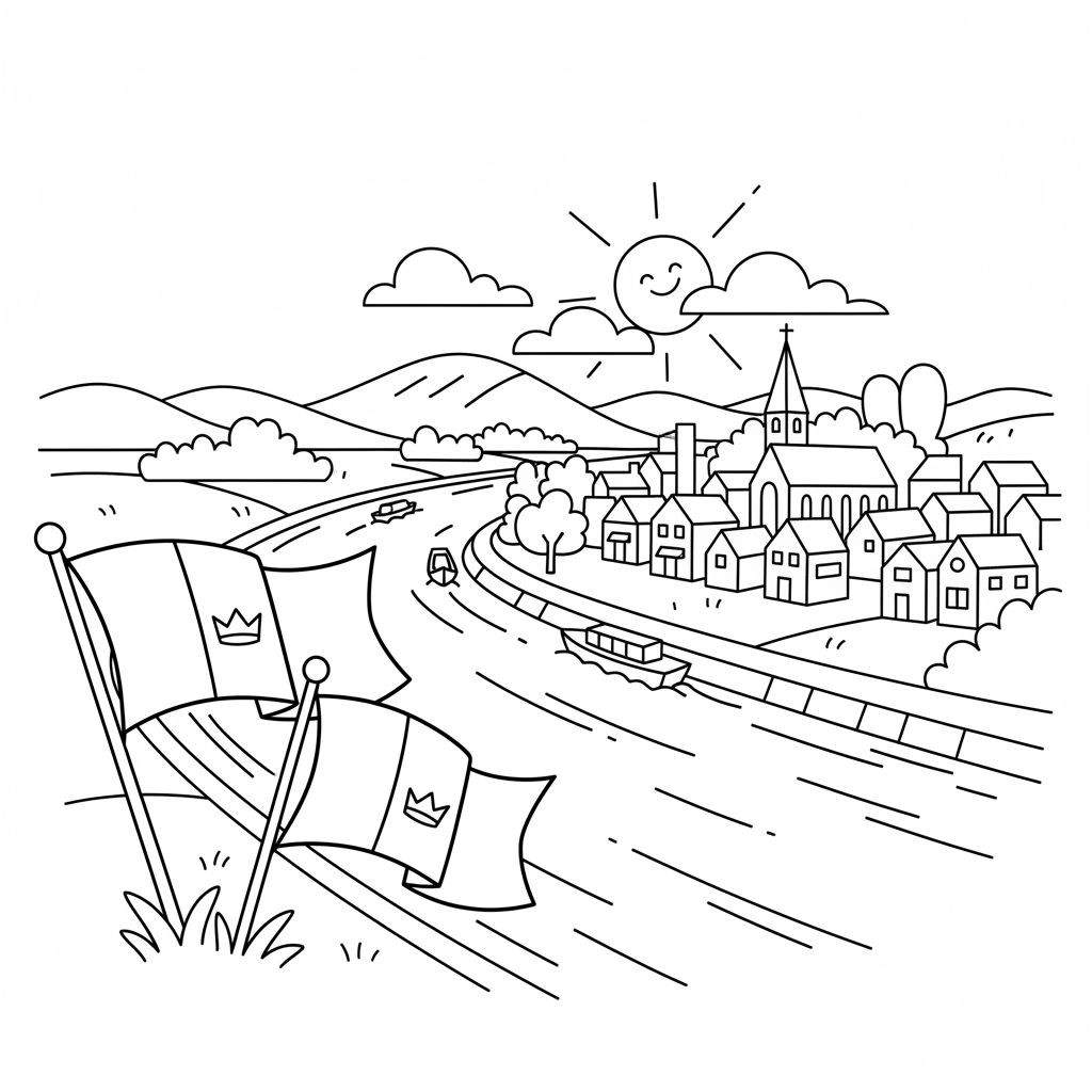 Zwart-wit kleurplaat van een idyllisch landschap met lachende zon, bergen, rivier, dorp met kerk en auto's. Op de voorgrond wapperen twee vlaggen met het PEC Zwolle-logo (kroon/gestileerde 'M').