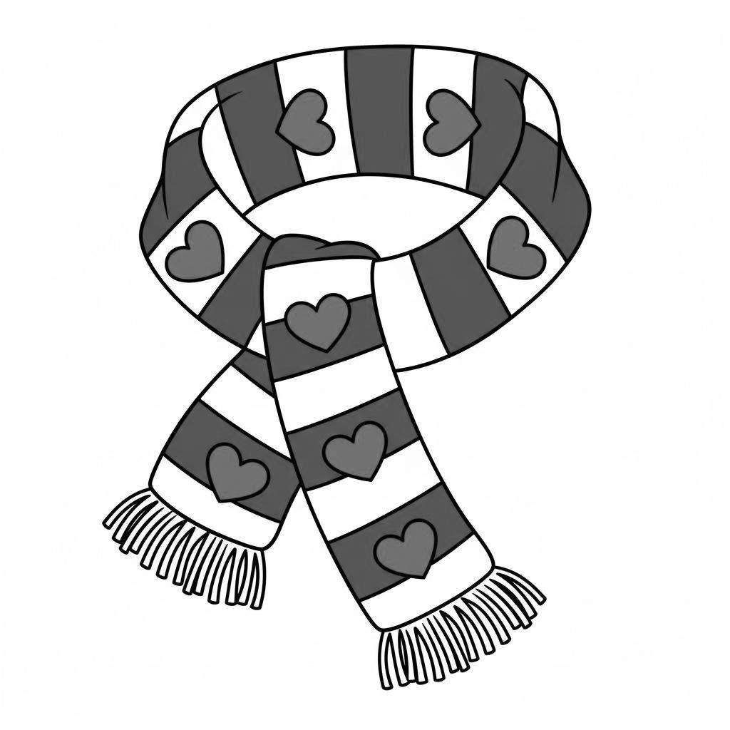 Kleurplaat: Warme gestreepte sjaal met witte en donkergrijze strepen, versierd met lichtgrijze hartjes op de donkere strepen. De sjaal is geknoopt met franjes aan de uiteinden. SC Heerenveen thema.