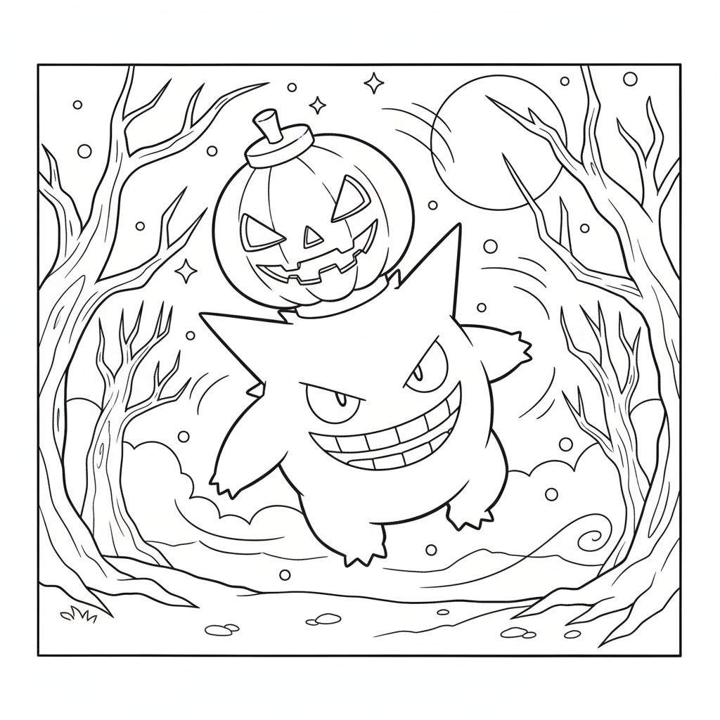 Gengar Halloween kleurplaat met pompoen, griezelige glimlach, volle maan, kale bomen en mist.