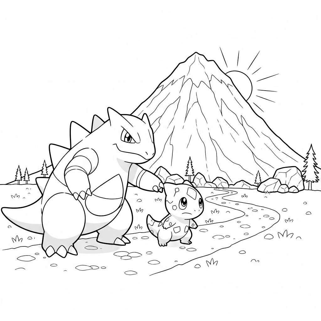 Een kleurplaat met Nidoqueen die beschermend kijkt naar een kleine Larvitar op een kronkelend pad. Op de achtergrond is een grote puntige berg te zien met een opkomende zon en verspreide dennenbomen en rotsen.