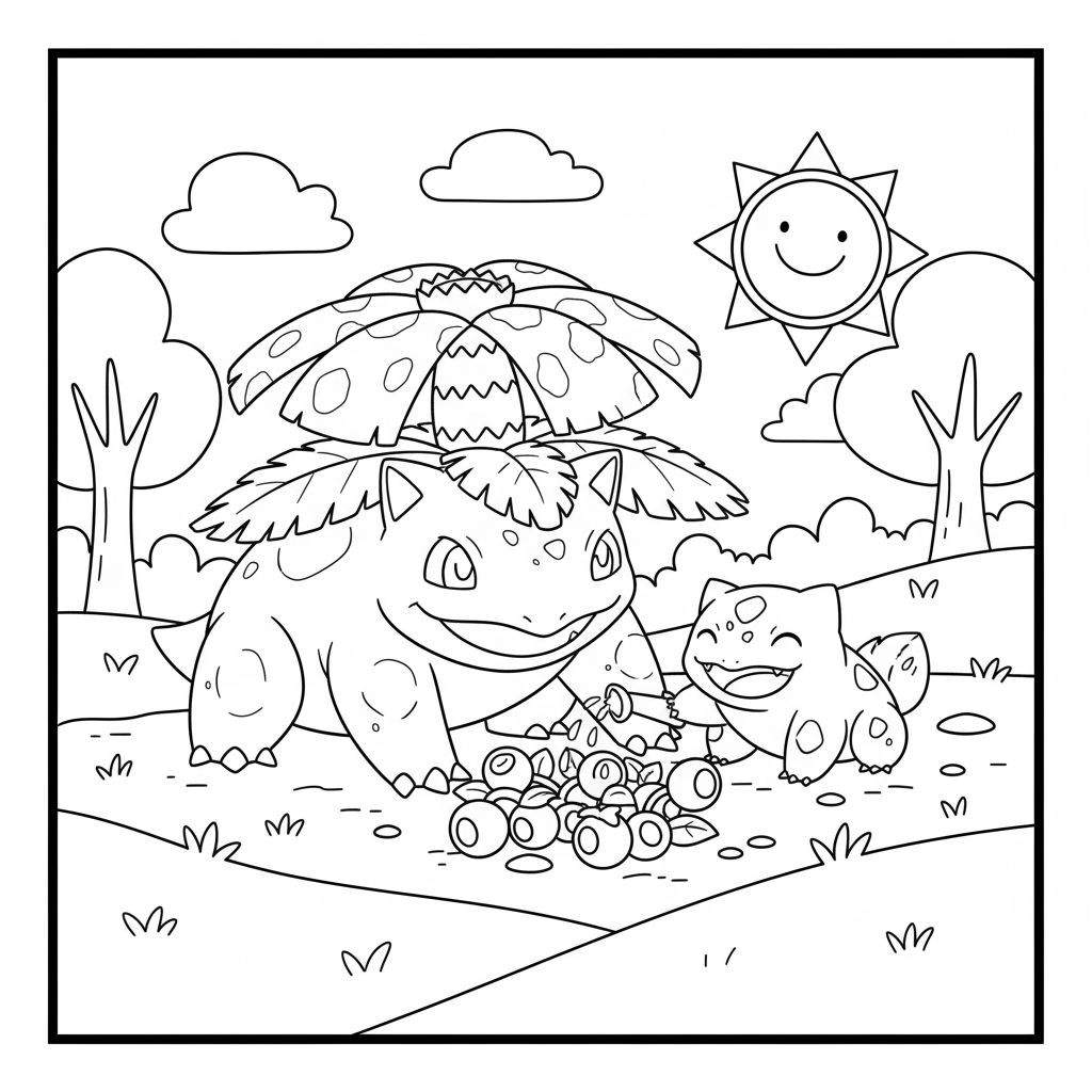 Kleurplaat van een vrolijke Ivysaur en Bulbasaur die samen op de grond zitten naast bessen in een natuurlijke omgeving met heuvels, bomen en een lachende zon.