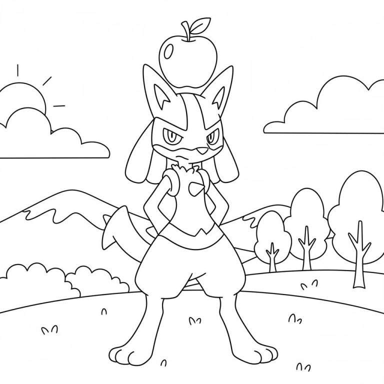 Zwart-wit kleurplaat van een Lucario-achtige Pokémon die rechtop staat, handen in de zij, en een appel op zijn hoofd balanceert. Op de achtergrond zijn glooiende heuvels, bomen, de zon en wolken te zien. De grond is bedekt met gras.