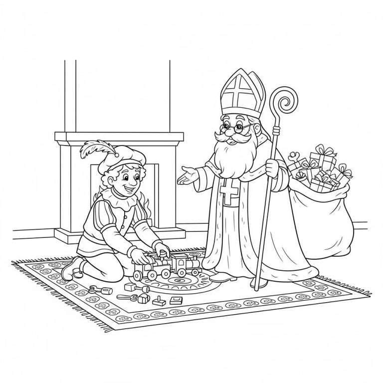 Kleurplaat van Sinterklaas met mijter en staf, kijkend naar een jongen met gevederde muts die speelt met een speelgoedtrein en bouwblokken op een vloerkleed. Naast Sinterklaas staat een zak met cadeautjes. Op de achtergrond is een schoorsteenmantel te zien.