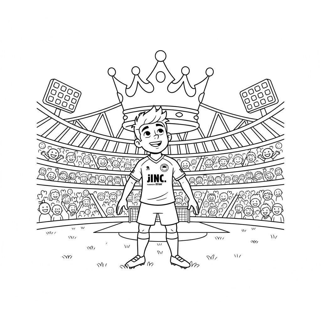 Zwart-wit kleurplaat van een lachende jongen in een JINC voetbalshirt, staand op grasveld in een Excelsior stadion met juichende fans en zwevende kroon.