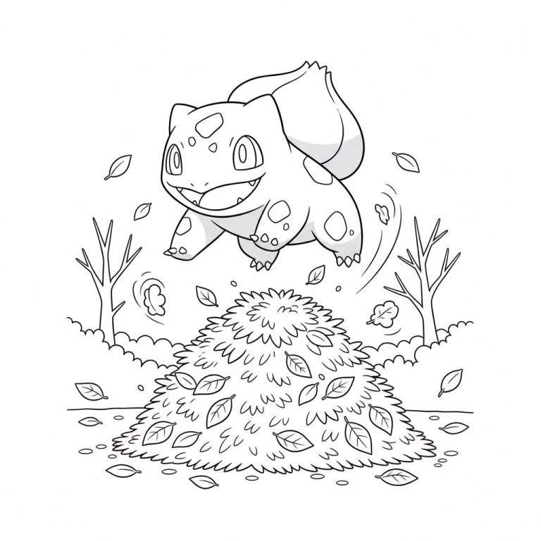 Zwart-wit kleurplaat van Bulbasaur die vrolijk uit een hoop herfstbladeren springt, met kale bomen op de achtergrond. Beweging wordt gesuggereerd door vliegende bladeren.