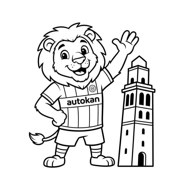 Zwart-wit kleurplaat van een vrolijke FC Groningen leeuw mascotte in voetbaltenue, zwaaiend, naast een hoge toren die lijkt op de Martinitoren.