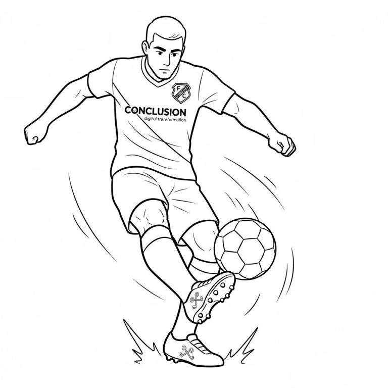Zwart-wit kleurplaat van een geconcentreerde FC Utrecht voetballer in actie, dribbelend of trappend met een voetbal, met 'CONCLUSION' op zijn shirt en dynamische bewegingslijnen.
