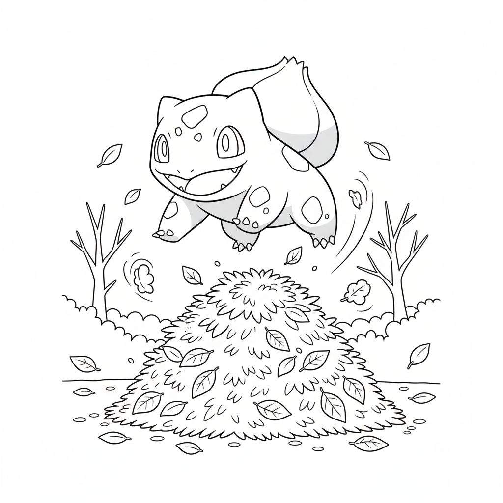 Zwart-wit kleurplaat van Bulbasaur die vrolijk uit een hoop herfstbladeren springt, met kale bomen op de achtergrond. Beweging wordt gesuggereerd door vliegende bladeren.