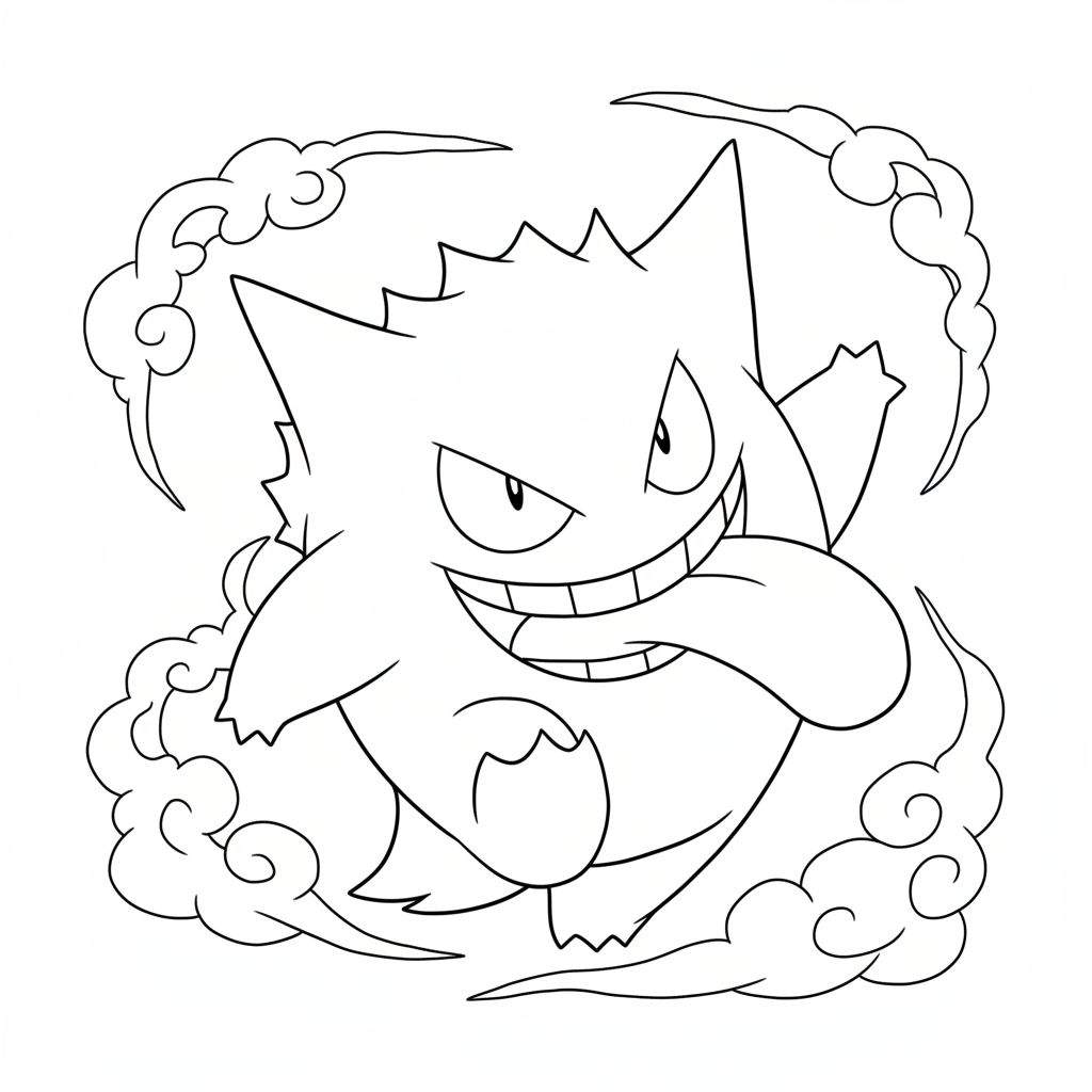 Zwart-wit lijntekening van een ondeugende Gengar Pokémon kleurplaat met uitgestoken tong en omringd door spookachtige rookwolken.