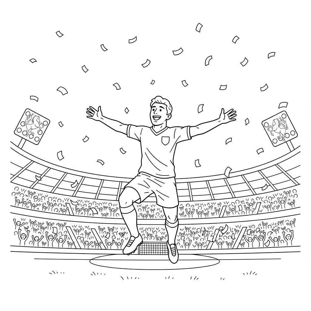 Kleurplaat van een FC Twente voetballer die een overwinning viert in een stadion vol juichende fans, met confetti en scoreborden met het clublogo.