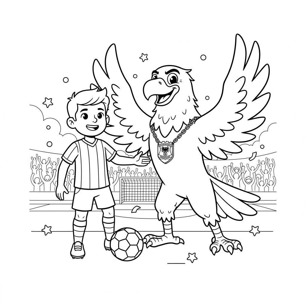 Zwart-wit kleurplaat van Go Ahead Eagles met lachende jonge voetballer en adelaar mascotte op voetbalveld, voor een juichend publiek en doel.