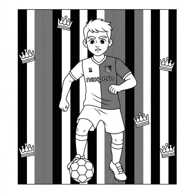 Zwart-wit kleurplaat van een jonge voetballer in een NEC-Nexperia shirt, met zijn linkervoet op een voetbal. Op de gestreepte achtergrond zweven zeven witte kronen.
