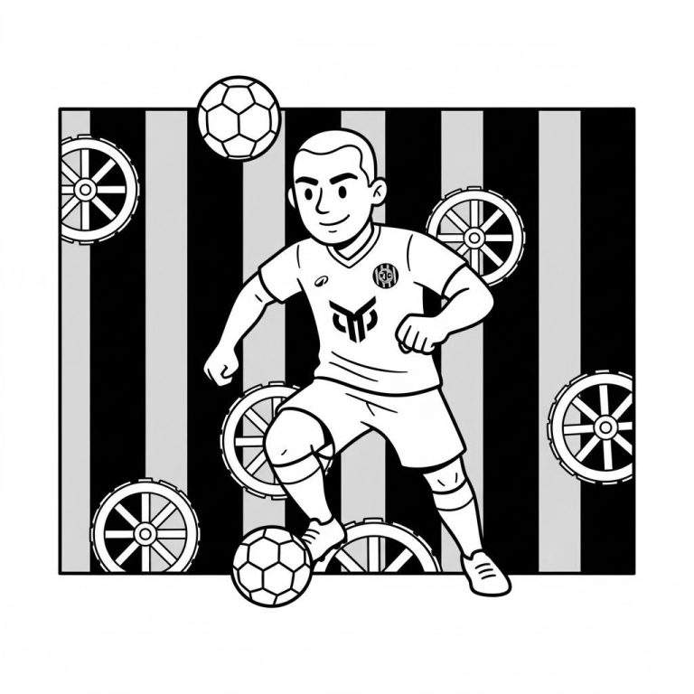 Zwart-wit kleurplaat van een lachende Roda JC voetballer in actie, dribbelend met een bal. Twee ballen, kniebeschermers, en een achtergrond van grijze strepen en ouderwetse wielen.