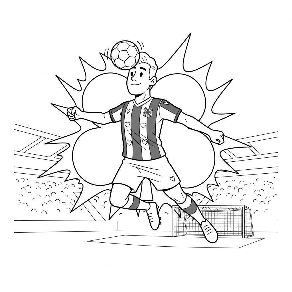 Kleurplaat van een SC Heerenveen voetbaljongen die in de lucht springt om een bal te koppen, met een vrolijke, geconcentreerde uitdrukking. De achtergrond toont een voetbalstadion met tribunes en een doel. Dynamische lijnen rondom de bal suggereren beweging en impact.