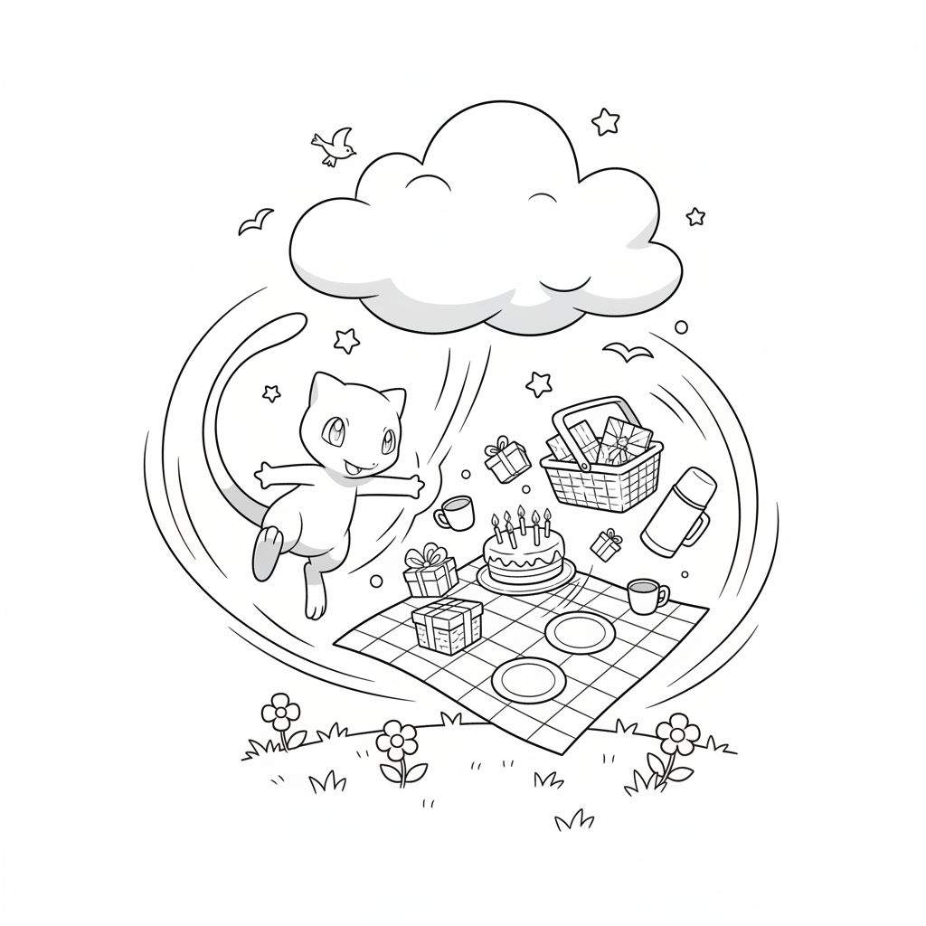 Zwart-wit kleurplaat van Mew die vrolijk zweeft boven een picknicktafereel met verjaardagstaart, cadeautjes en een wolk met vogels en sterren.