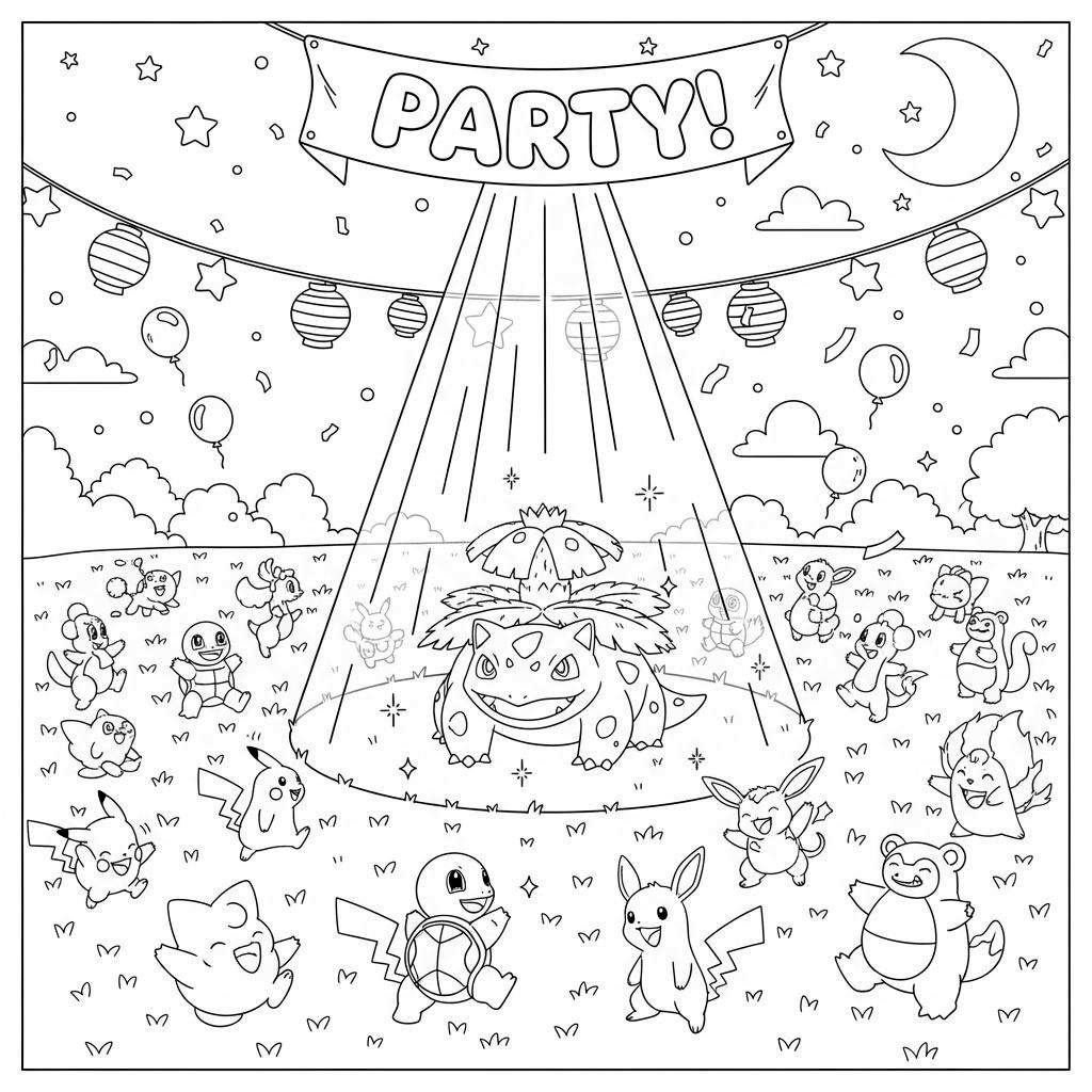 Kleurplaat van een vrolijk Pokémon feestje buiten, met een grote Venusaur in het midden verlicht door een spotlight, omringd door diverse kleinere Pokémon zoals Pikachu, Charmander, Squirtle, Eevee, Clefairy, Vulpix, Aipom, Chimchar, Shinx, Pachirisu, en Munchlax op een grasveld. Bovenaan hangt een 'PARTY!'-spandoek met sterren en een sikkelmaan. Decoratie omvat lampionnen, ballonnen en confetti.