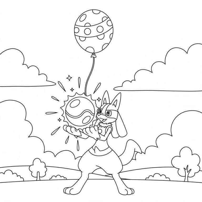 Kleurplaat van Lucario die een Aura Sphere vasthoudt met een ballon erboven, in een open landschap met bomen en wolken.